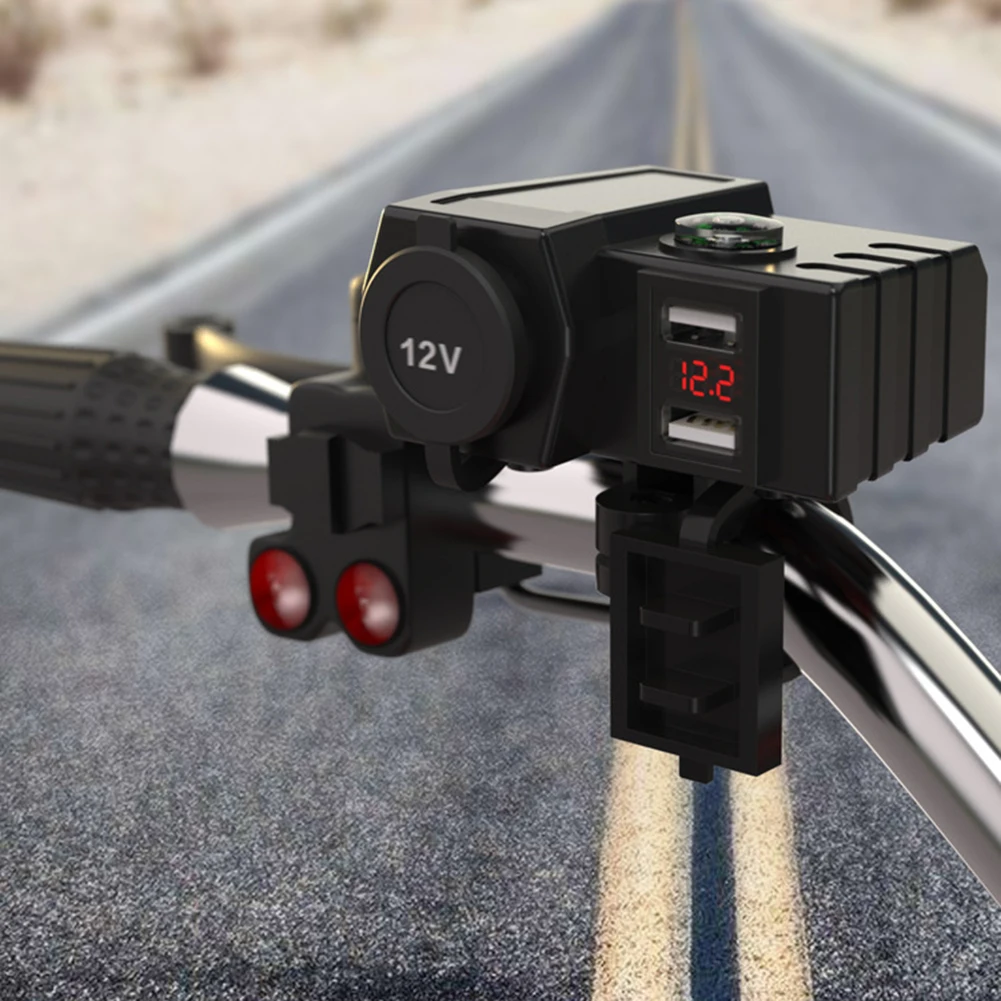 

Motorcycle Waterproof Charger With Compass Dual Usb Cigarette Lighter Voltmeter Display Fast Socket Power Outlet Accessories