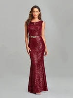 2021 new burgundy v back sleeveless evening dress burgundy sequins formal party gowns women elegant mermaid robes vestidoes