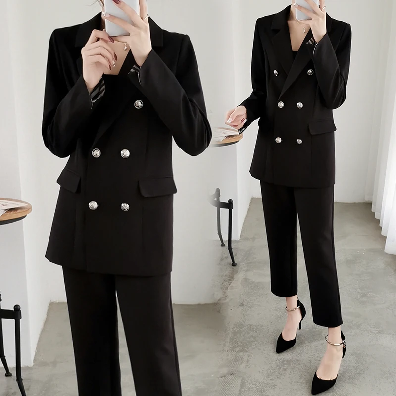 Женский брючный костюм из 2 предметов двубортный блейзер и брюки большого
