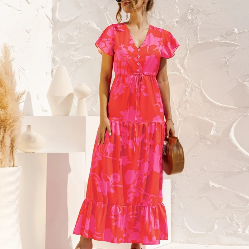 

Women's V-Neck Bohemian Summer Drawstring Belt Retro Printed Long Dress
