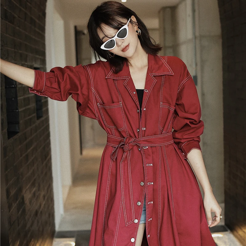 Женский джинсовый плащ GALCAUR винтажный Тренч с отложным воротником и длинными