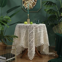pastoral handmade crocheted tassel tablecloth geometric rhombus line pure cotton hollow decorative fabric tapete table cloth