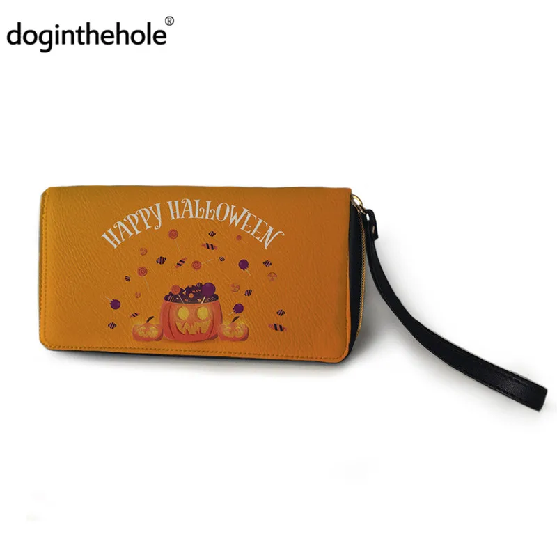 

Doginthehole, длинный кожаный женский кошелек с рисунком тыквы на Хэллоуин, конфетные портативные сумки для денег и телефона, женский многофункци...