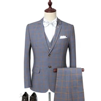 suit vest trousers 3 pcs set mens business casual plaid groomsman blazers waistcoat dress three piece slim fit wedding jacket