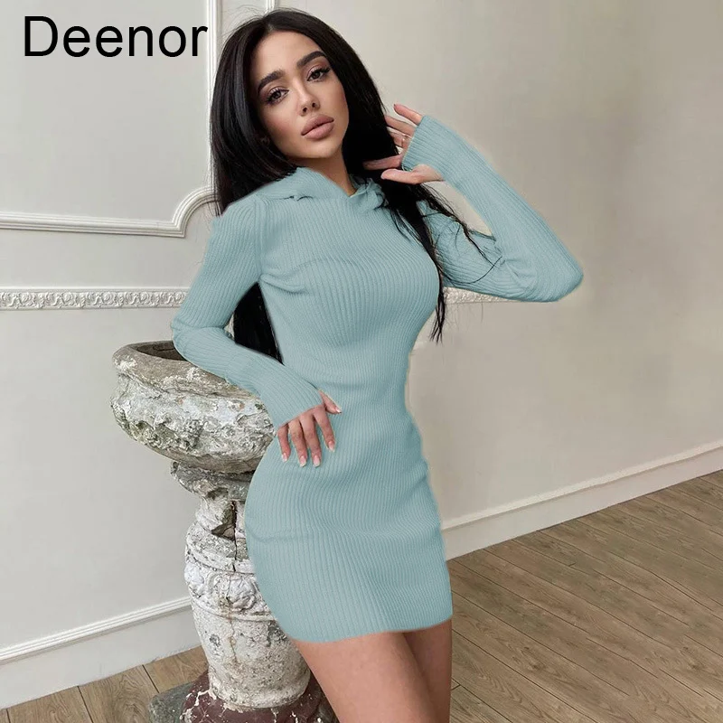 

Deenor 2021 Autumn Winter Knitted Skirt Solid Mini Dress for Women Cotton Long Sleeved Dress Sexy Temperament Commuter Dresses