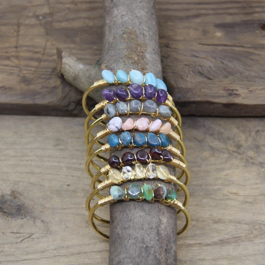 

Plated Gold Wire Wrap Labradorite Chip Beads Open Cuff Bangles Australia Jades Apatite Garnet Gems Women Bracelet Jewelry QC2009