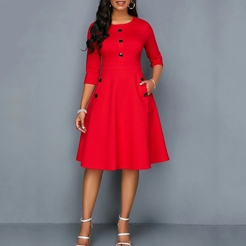 

Women Casual A-Line Party Dress Ladies Long Sleeve O Neck Button Elegant Dress 2022 Autumn Winter Fashion Office Dress Vestidos