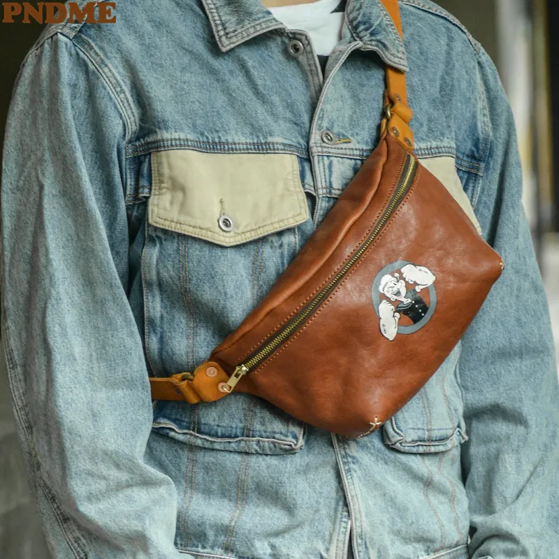 PNDME fashion luxury natural first layer cowhide men's chest bag outdoor daily sports genuine leather motorcycle crossbody bag