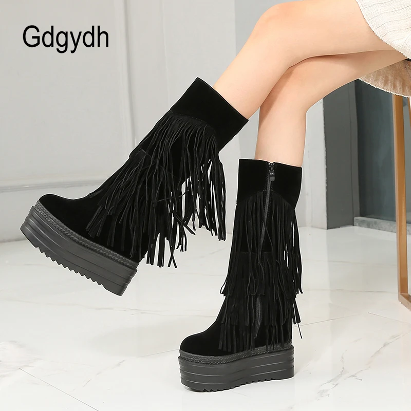 

Gdgydh Flock Winter Women Boots High Heels Fashion Fringe Tassels Long Boots Woman Thick Sole Increase Within Middle Tube Boots