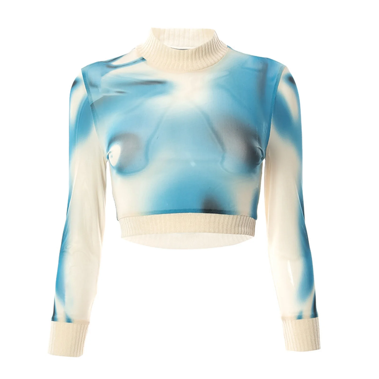 

Women Tie Dye Crop Tops, Elastic Cuff Long Sleeve Turtle Neck Knitwear Short Tops for Summer, Women Clothing