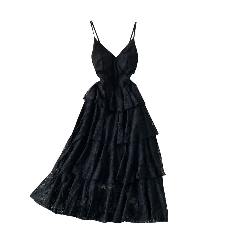 

2021 summer new Korean slim V-neck sling cake open back lace dress high waist long