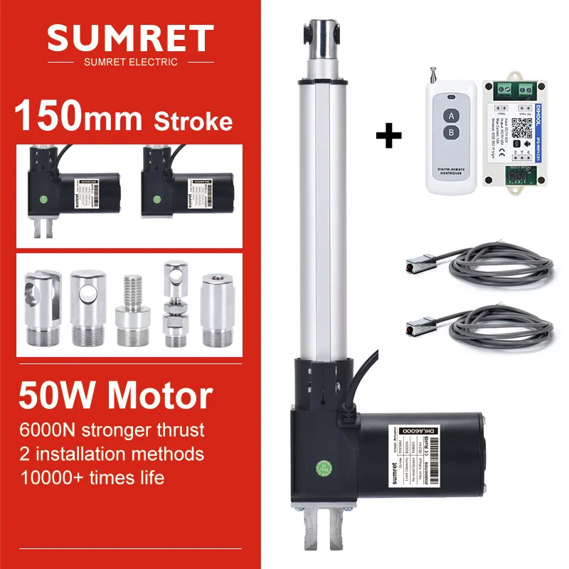 

0-150MM Adjustable Stroke Linear Electric Actuator Kit With RF Remote Controller Magnetic Switch Bracket Set 6000N DC 12V 24V