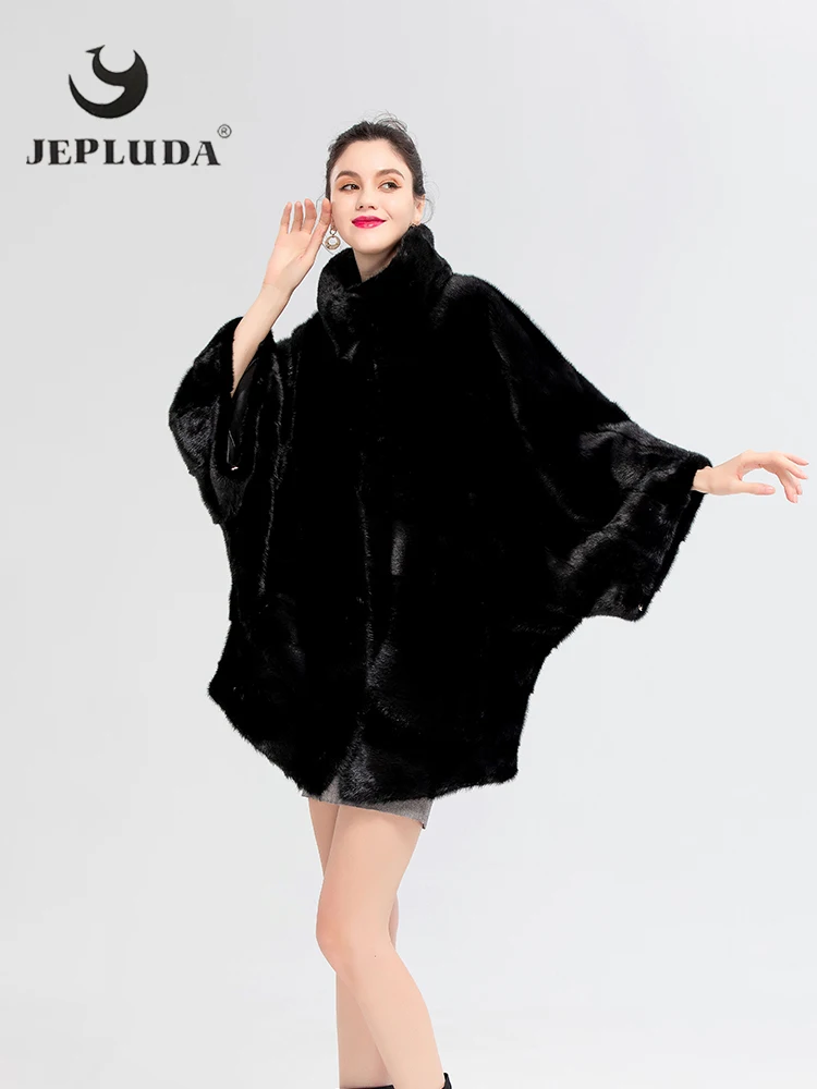 

JEPLUDA Bat Style Real Fur Coat Women Natural Mink Fur Loose Plus Size Mandarin Collar Warm Winter Jacket Women Mink Fur Jacket