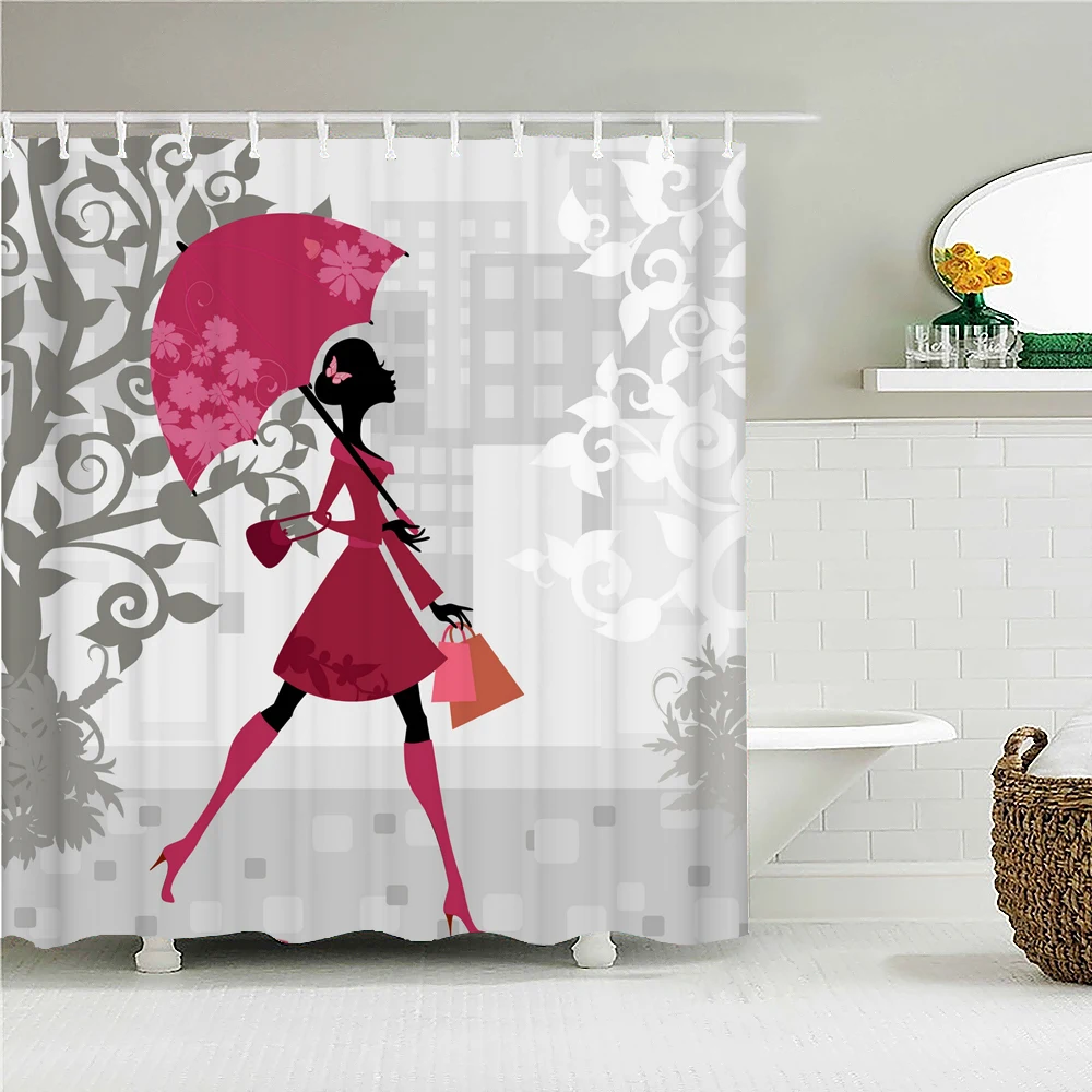 

Flower Butterfly Woman Fabric Shower Curtain Bathroom Curtains Home Decoration Beautiful Girl Waterproof Bath Screen with Hooks