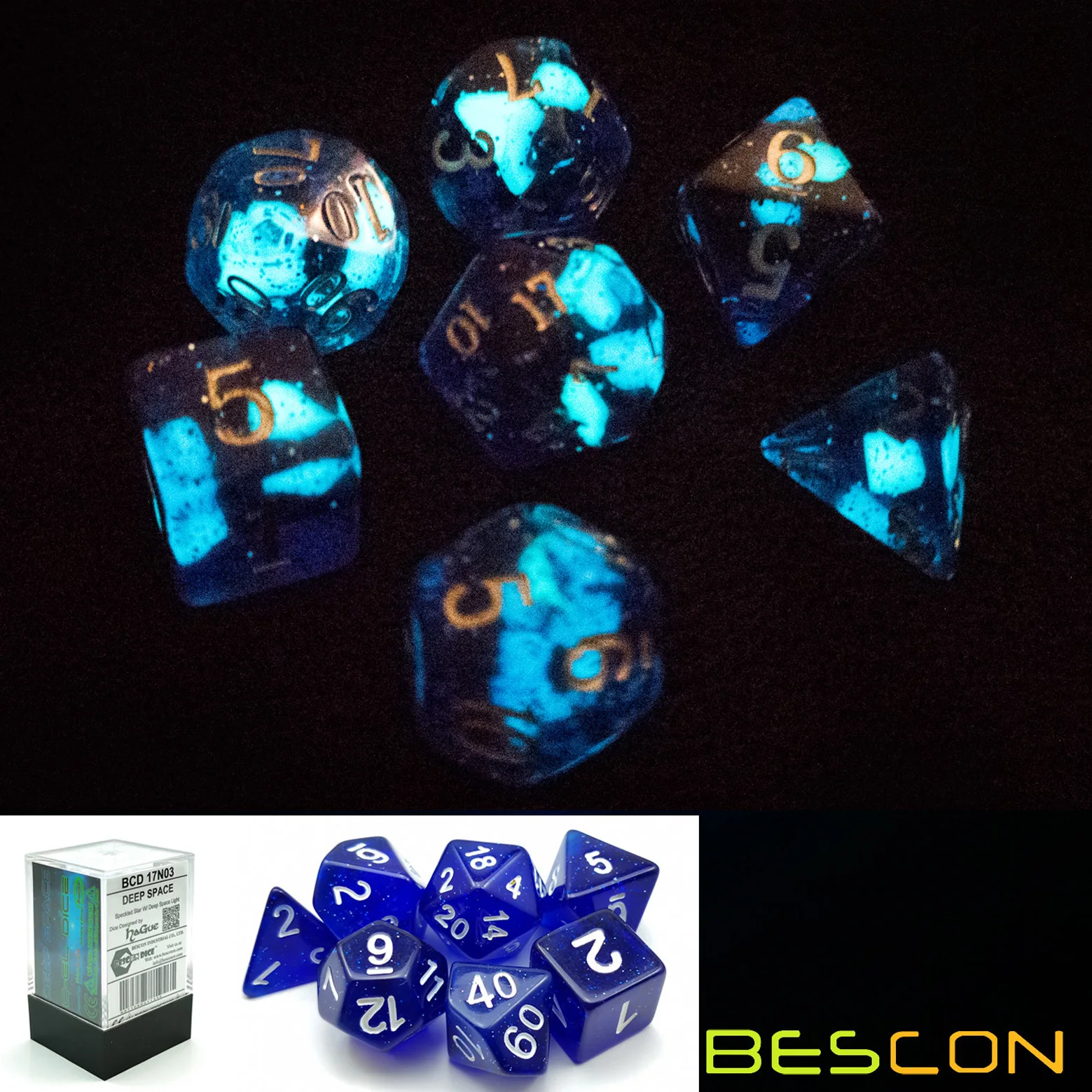 Bescon супер светится в темноте блестящие многогранные кости набор глубокого космоса, светящиеся набор костей для ролевых игр, светящаяся Нов...