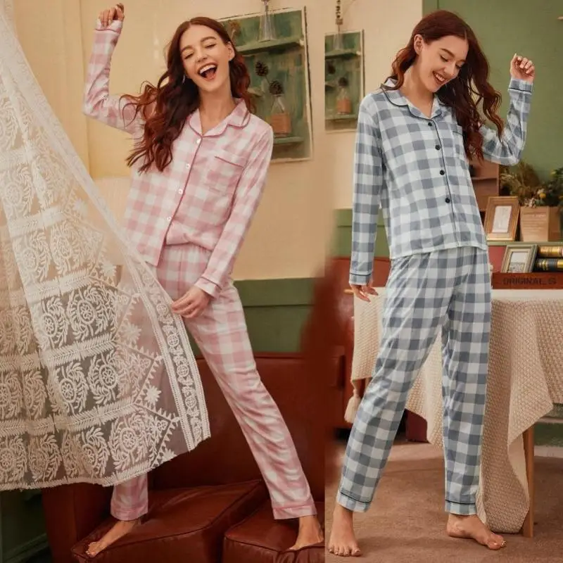 

Plaid Satin Pajamas Suit Nightgown Nightwear Lady 2PCS Sleepwear Home Wear Shirt&Pants Loose Pyjamas Intimate Lingerie Sleep Set