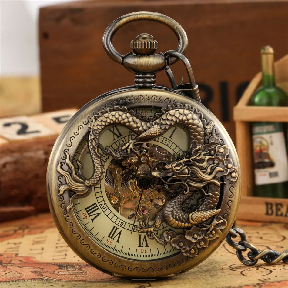 Bronze Hollow Dragon Display Half Hunter Mechanical Pocket Watch Cool Antique Pendant Manual Mechanism Pocket Clock Gift Male