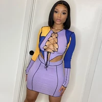 lace up two piece set patchwork hollow out long sleeve tees tops mini skirts suits womens clothing 2021 sexy skinny dress sets