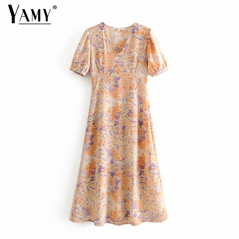 Женское винтажное платье миди с коротким рукавом и цветочным принтом|Женские