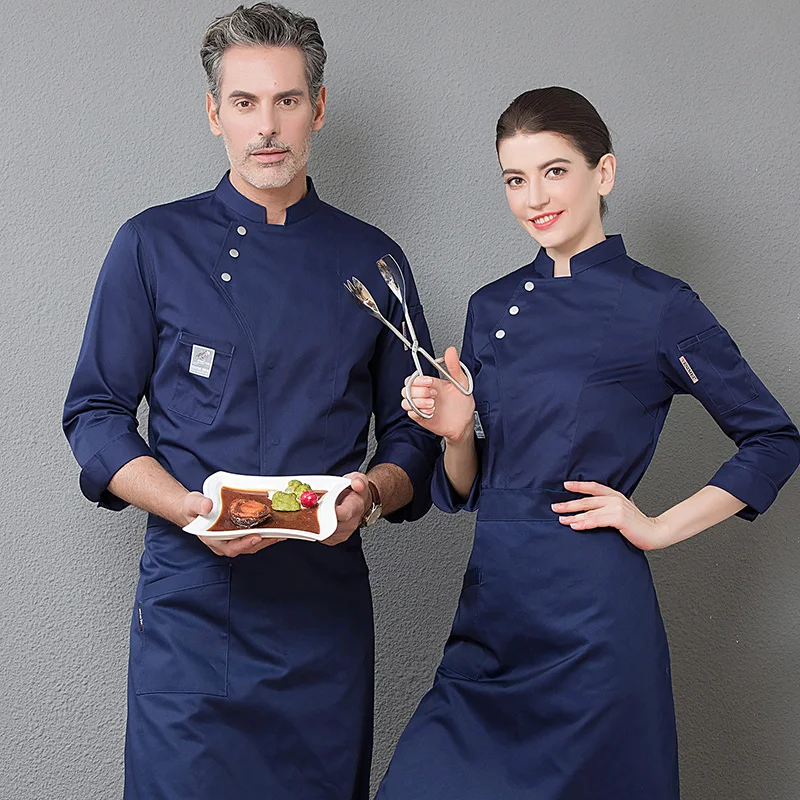 Blue Uniform Jacket Long Sleeves Restaurant Uniform Women and Men Kitchen Catering Black Cook Coat Double Breasted Chef Clothes high end chef catering chef uniform men and women advanced suit western restaurant hotel uniform custom