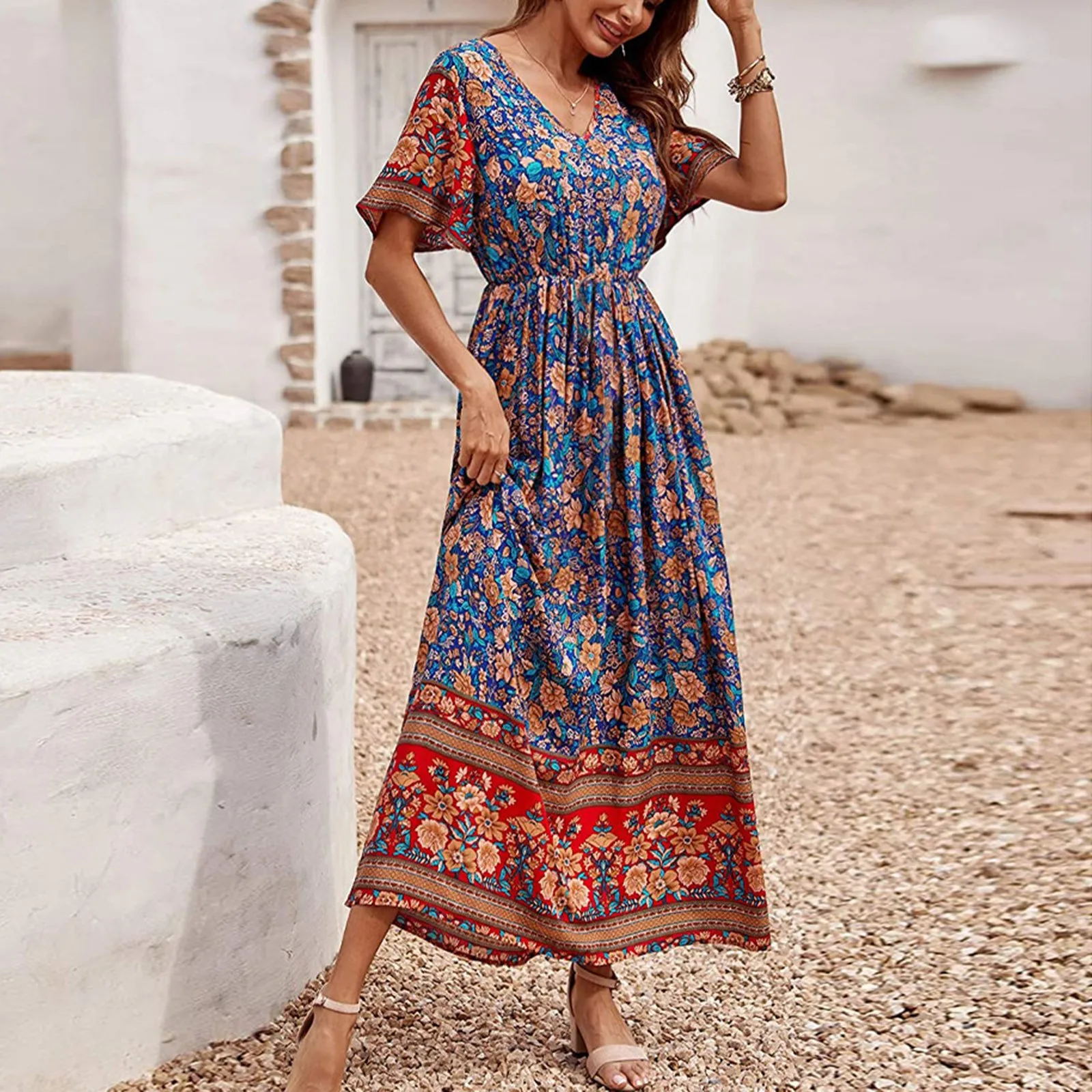 

Boho Summer Dress 2019 Woman Sexy V Neck Short Sleeves Floral Flowy Pleated Beach Maxi Dress Holiday Vocation Casual Wear