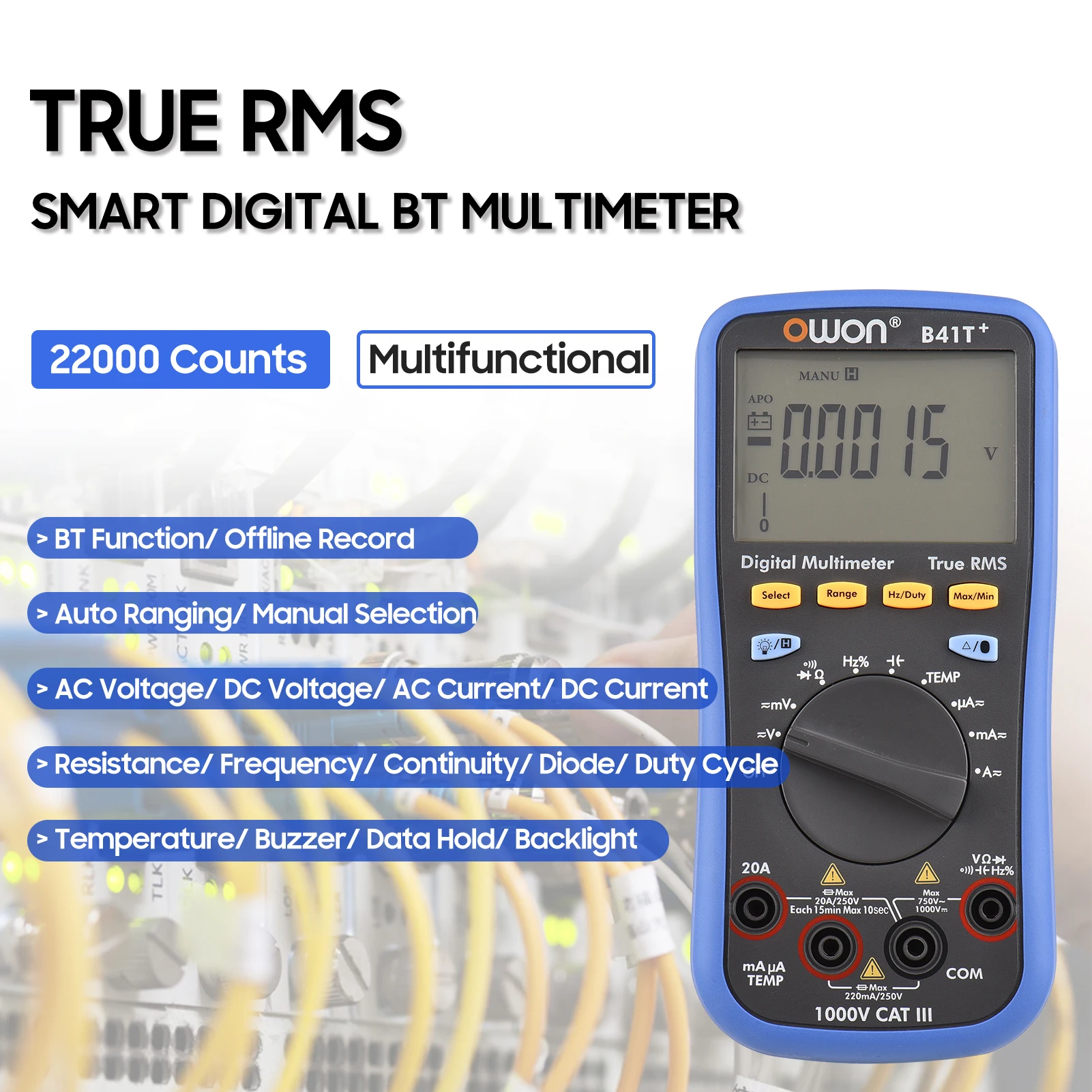 

Цифровой BT мультиметр OWON B41T + с автономной записью, 22000 отсчетов, истинное среднеквадратичное значение, автоматический выбор диапазона, Элек...