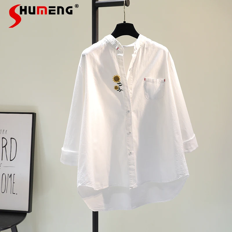 

Женская рубашка из хлопка и льна, белая Свободная рубашка с одним карманом и вышивкой в виде маргариток, лето 2021