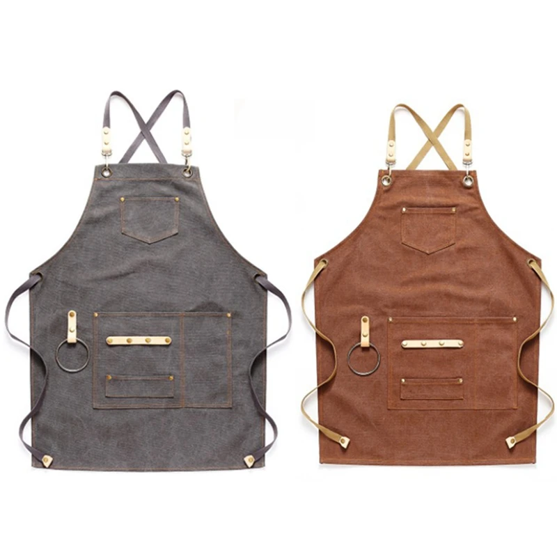 

2X Brown/Dark Gray Canvas Apron Bib Leather Chef Kitchen Apron For Women Men Barista Bartender Pockets