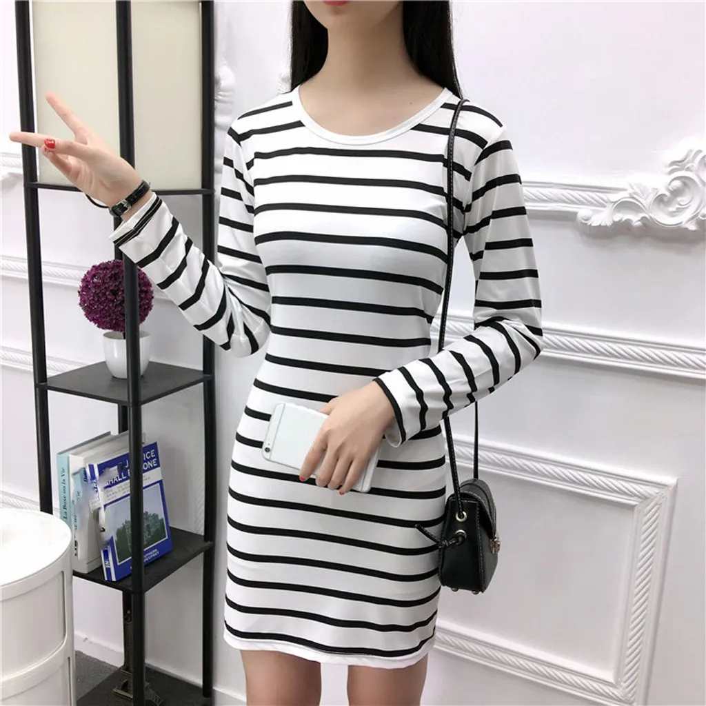 Женское осеннее модное корейское платье в полоску длиной до колена с длинным
