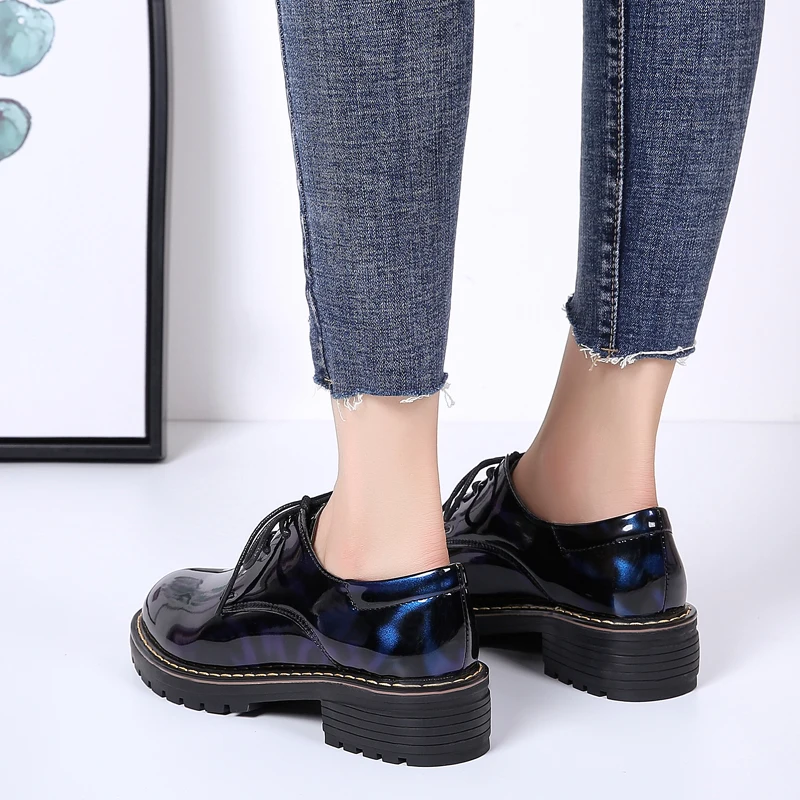 

Women Leather Shoes Thick Heel Height Increasing Summer Autumn PU Retro Lace-Up Round Toe Breathable Antiskid Comfortable Office