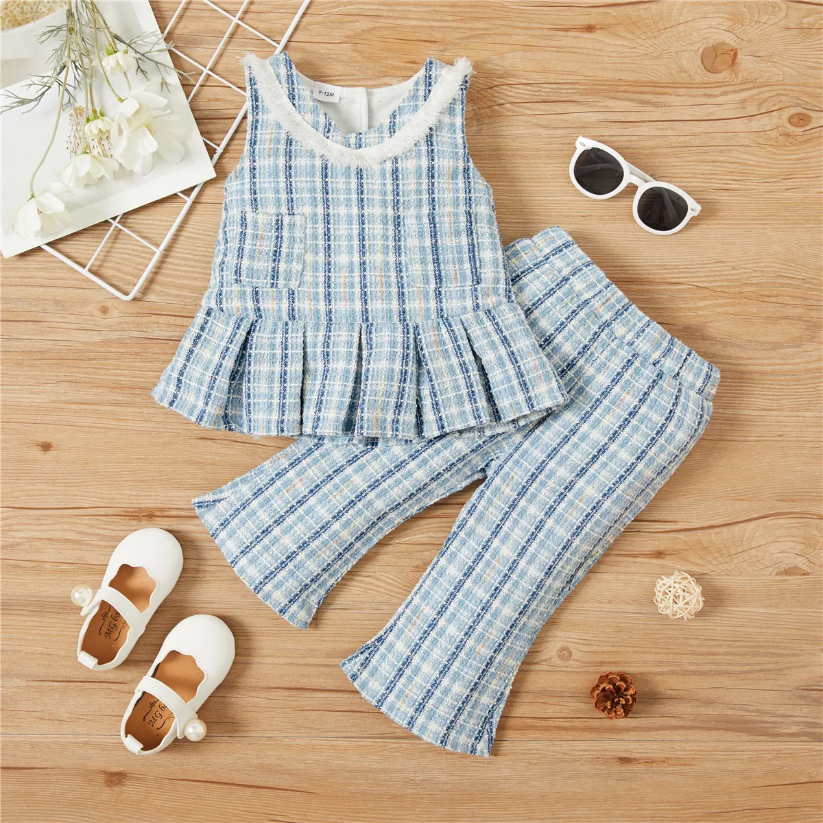 

Toddler Cute Kids Girl Clothes Newest Fashion Breasted Plaid Ruffle Top Flared Trousers Holiday Causal Clothes Outfits