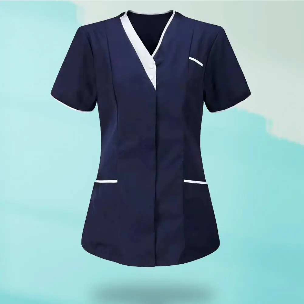 

Summer Women T-shirt V Neck Pockets Short Sleeve Buttons Working Polyester Uniform for Nursing
