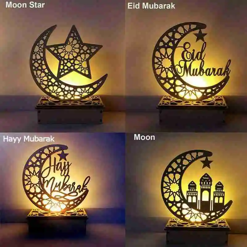 

1pcs Eid Mubarak Ramadan Karul Festival Moon Hollow Led Decoration Festival Crafts Wooden Islamic Desktop Light Decoration P6M1