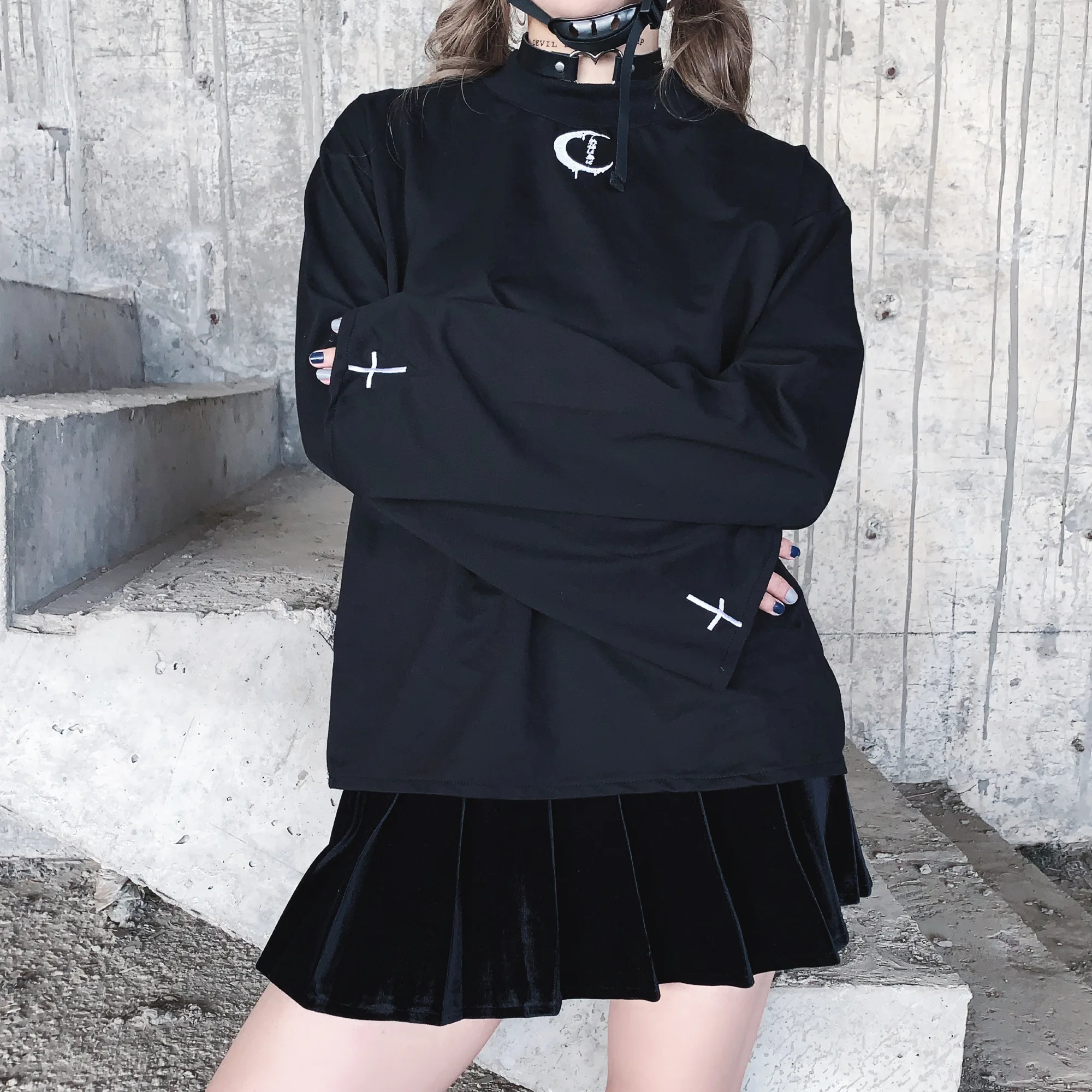 Новинка женские весенне-Осенние футболки в стиле панк черные свободные