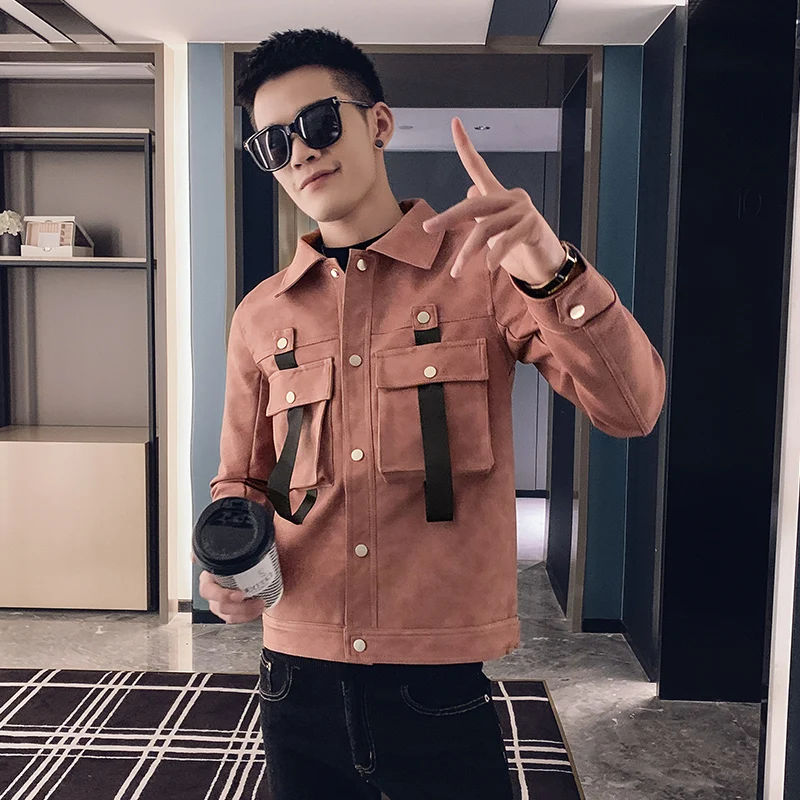 Мужская приталенная куртка из искусственной кожи с отворотами красная