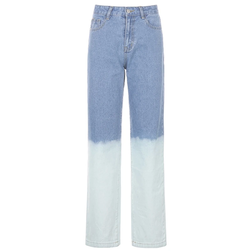 

Women High Waist Wide Leg Jeans Tie-Dye Color Block Hip Hop Straight Denim Pants M5TE