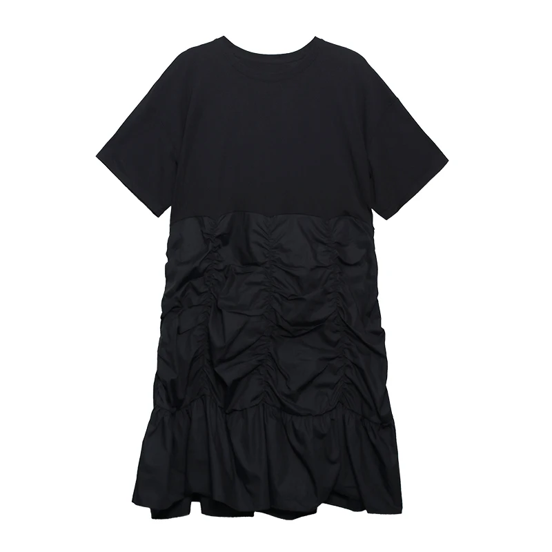 

SeeBeautiful Irregular Pleated Stitching Loose Dress O Neck Short Sleeve Woman Simple Summer 2021 New Fashion E607