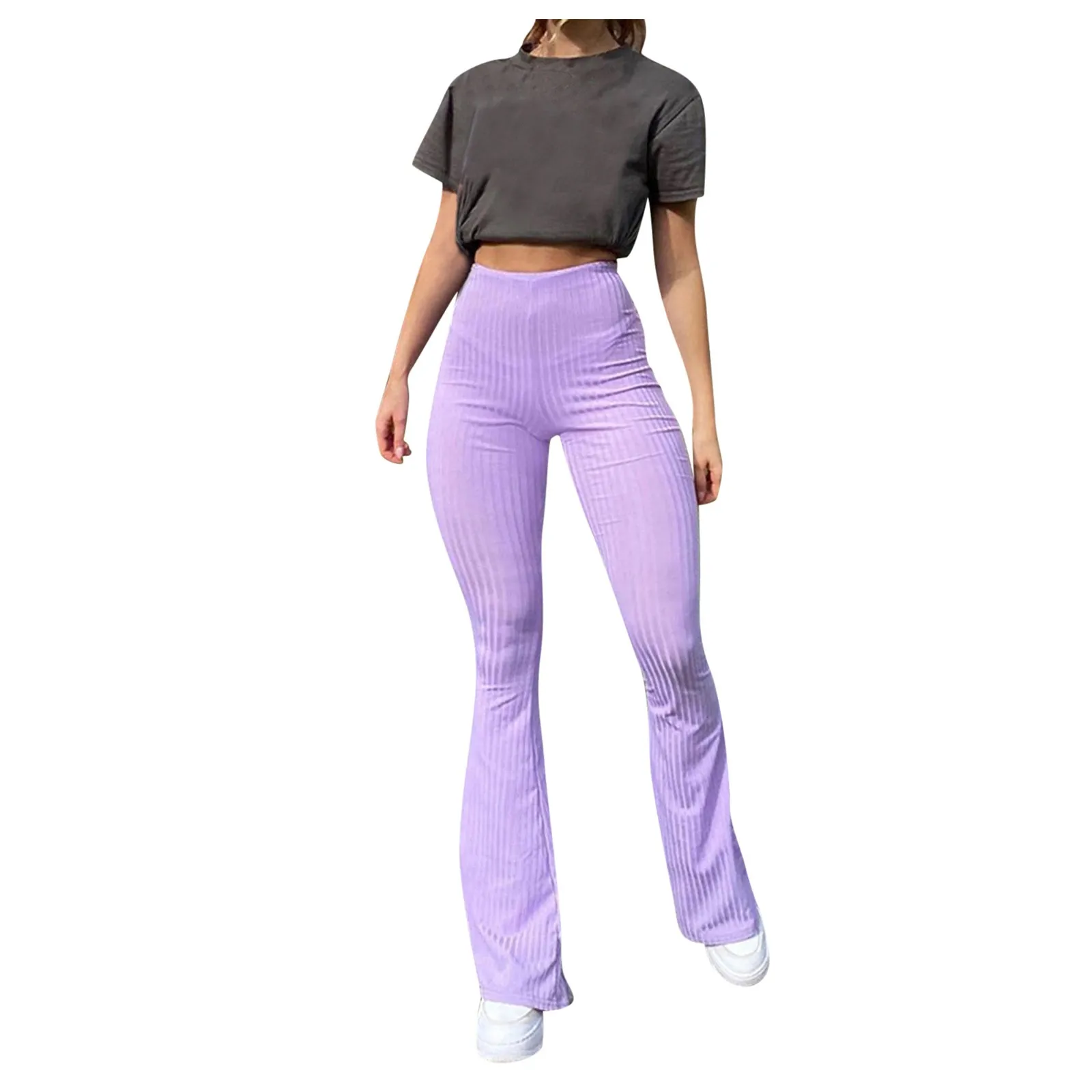 

Fashion Comfortable Women's Spring Purple Casual Loose Elastic High Waist Flared Pants Sports Trousers pantalones de mujer
