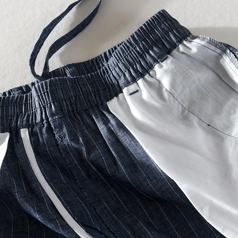 

2021 Spring Summer New Linen Men's Nine-Point Pants Thin Section Youth Casual Striped Elastic Waist Tethered Linen Pants 3012