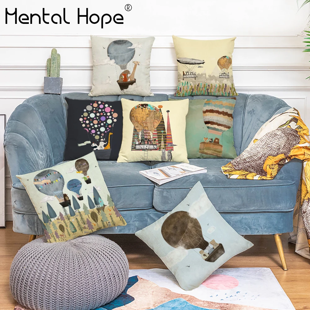 

Cartoon Printed Decorative Cushion Cover Hat Air Balloon Pattern Throw Pillow Cover Linen Cotton Living Room Square Pillowcase