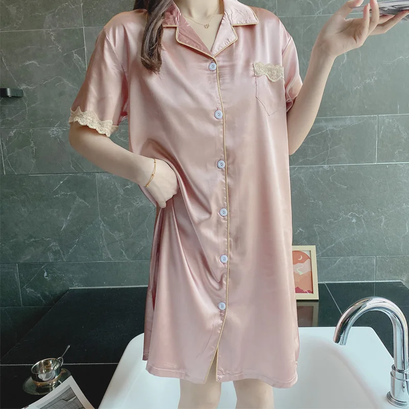 2021 New Nightdress Women's Summer Ice Thin Short Sleeve Cardigan Lace Sexy Nightgown Home Clothes Female Sleepwear Nightwear