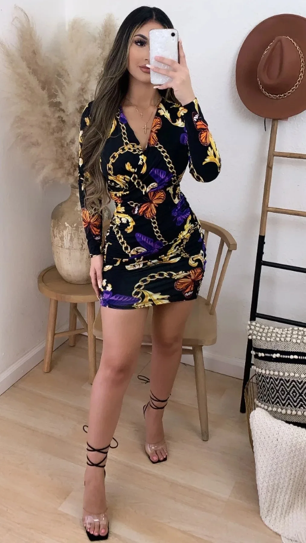 

Autumn Women's Mini Skirt Printed Ruffled Drawstring Wrap Dress Women's Long-sleeved Jacket Dress Retro Women V-neck Sexy Club
