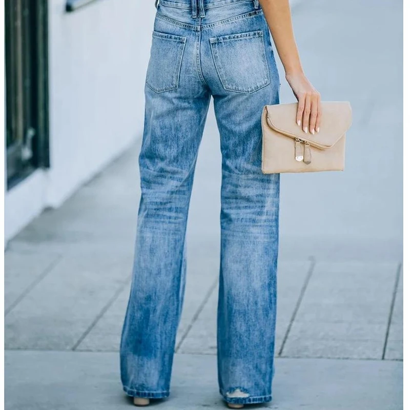 

Mandylandy Jeans Summer Fashion Casual Denim Pants Jeans Wide-Leg Jeans Pants Mid-Waist Women Washed Ripped Denim Trousers