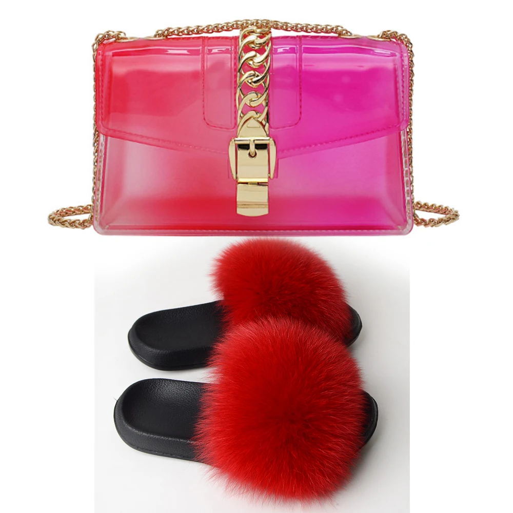 

Mudibear Fur Slides Bags Set Fashion Woman Fox Slippers Purse Multicolor Open Toe EVA Furry Purses Slides Wholesale Footwears
