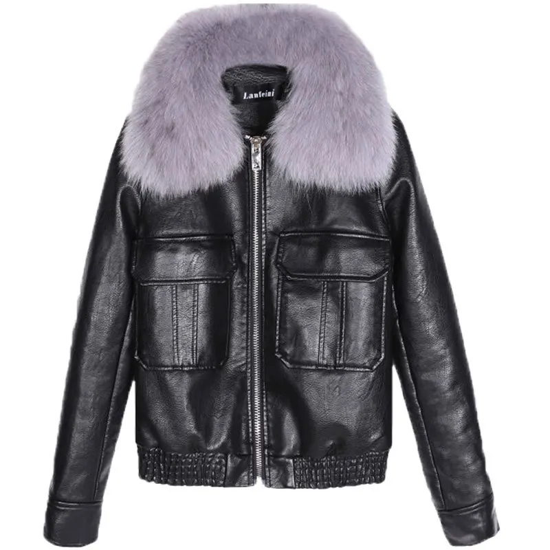 Женская короткая куртка из искусственной кожи, зимняя утепленная хлопковая куртка с воротником из искусственного лисьего меха, мотоциклет... от AliExpress WW