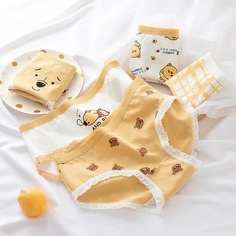 Anewmorn Japanese Style Cute Women's Panties With Bears Pure Cotton Crotch Mid-waist Cartoon Underwear Women Lace Size M-XL