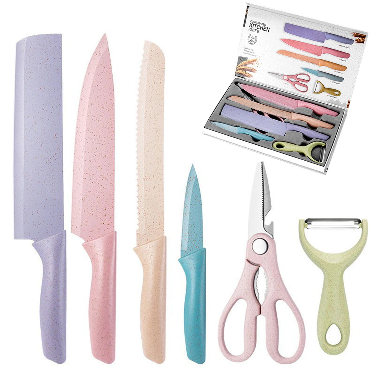 

Набор кухонных ножей из пшеничной соломы, 6 шт./компл., нож для нарезки, японский нож, мясницкий нож, набор кухонных ножей Twosun, поварской нож