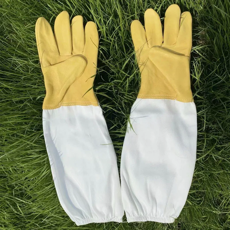 

1 Pairs Beekeeping Gloves Protective Sleeves Breathable Yellow Mesh White Sheepskin and Cloth for Apiculture Beekeeping Gloves