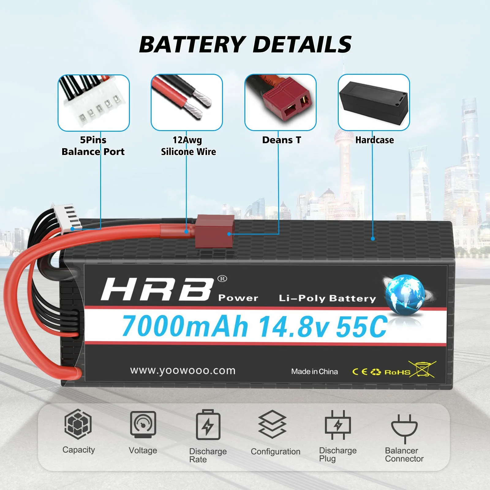 Hrb 2S 3S 4S Литий-полимерный аккумулятор 7.4В 11.1В 14.8В 5200мАч 6000мАч 7000мАч 8000мАч Аккумулятор для автомобилей с разъемом Deans для моделей масштаба 1/8 1/10.