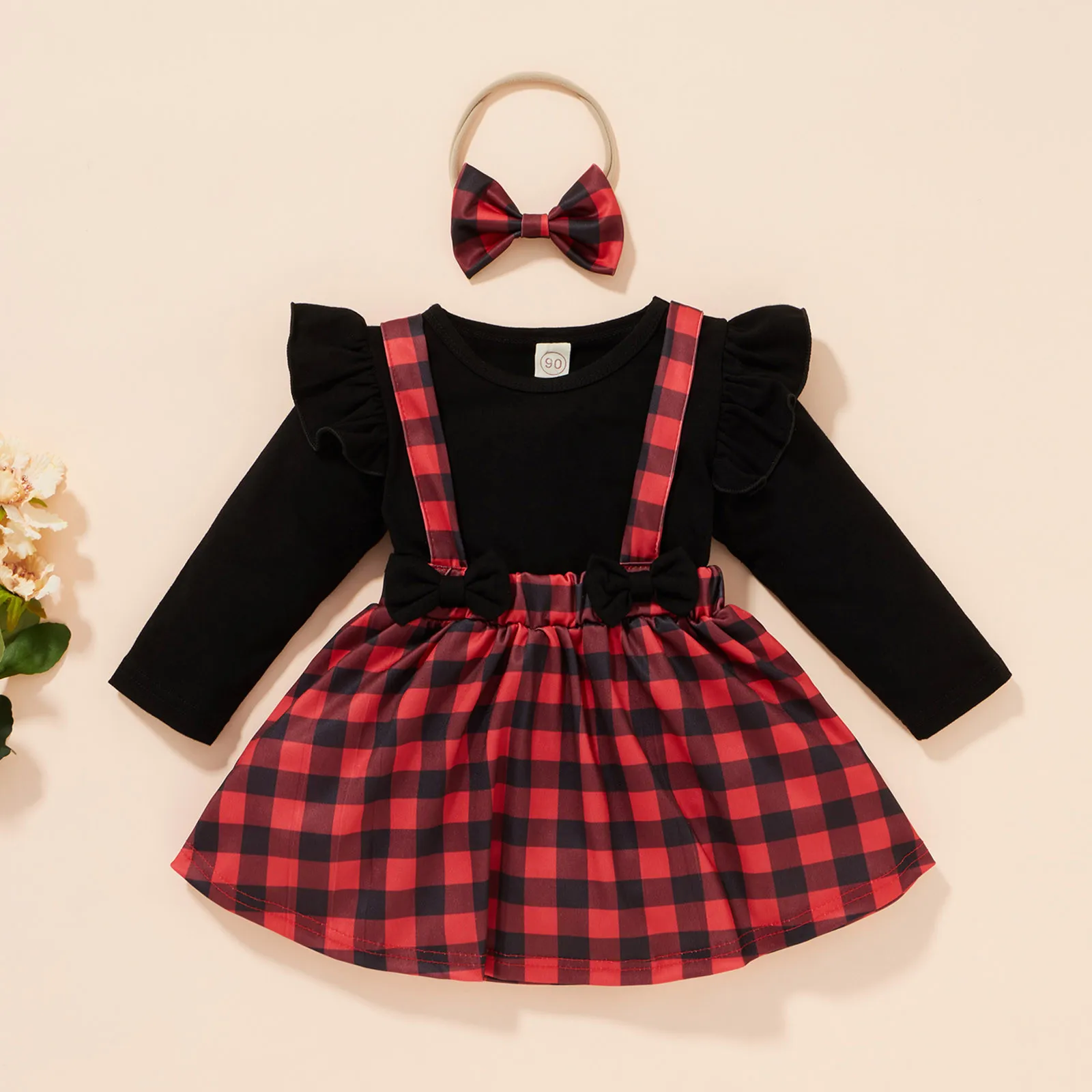 

TELOTUNY Clothing sets 2021 Toddler Baby Girls Cotton Ruffles Solid Romper Tops+Plaid Printed Suspender Skirts+Headbands Outfits